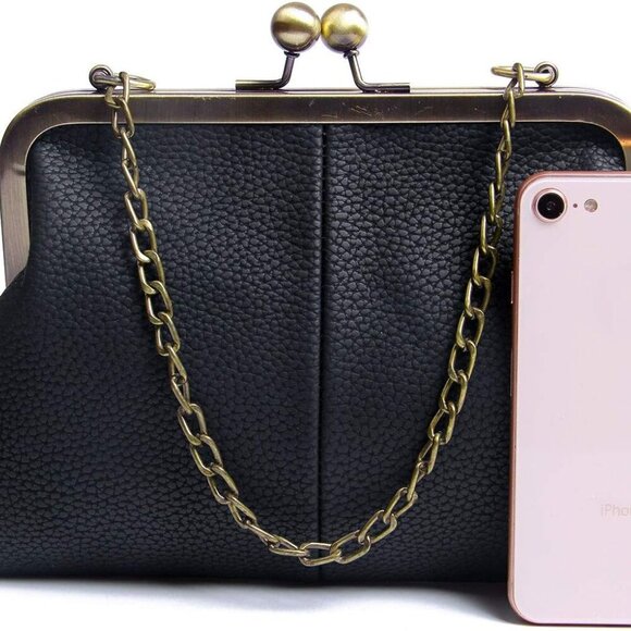 Women PU Leather Kiss Lock Clutch with Chain Strap Evening Shoulder Bag - Picture 3 of 6